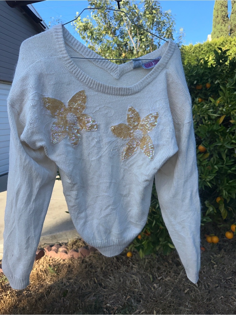 Vintage Amanda Smith Cream Off-Shoulder Sequin Flower Sweater